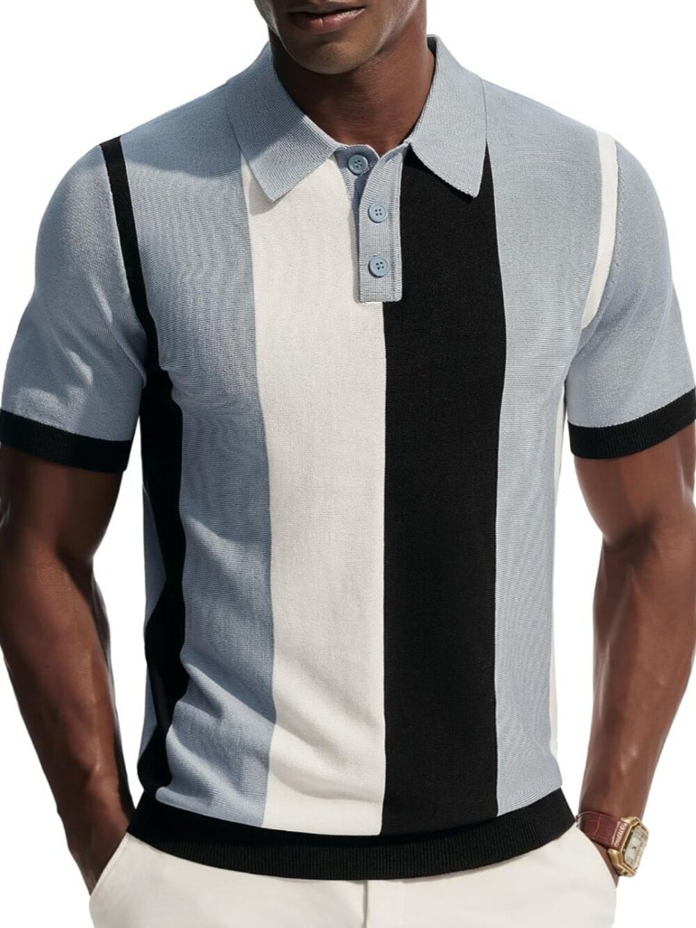 Men's Blue Vintage Striped Knit Polo Shirt Casual Golf Beach Summer